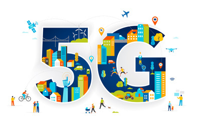 5G Flat vector illustration. People with mobile devices in the smart city