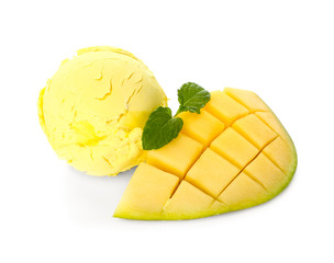 Tasty mango ice cream on white background