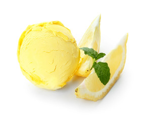 Tasty lemon ice cream on white background