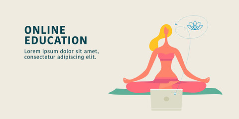 Online education concept vector illustration. Young female learning yoga through internet webinar