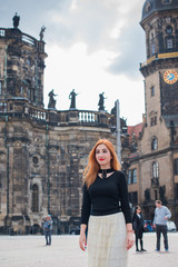 Fototapeta premium Woman in Old Europe, vacation and travelling time. Vintage style in clothes and view. Trip in Germany