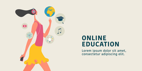Online education concept vector illustration. Young female learning through internet training
