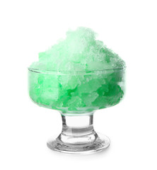 Bowl with tasty shaved ice on white background
