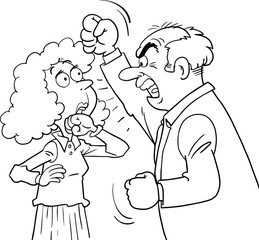 concept of domestic violence against a woman in the form of a woman covering her face and fist and the silhouette of a brutal beating man.