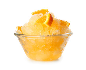 Bowl with tasty shaved ice on white background