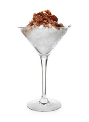 Glass with tasty shaved ice on white background
