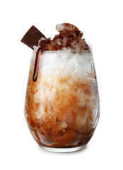 Glass with tasty shaved ice on white background