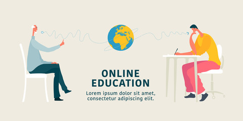 Online education concept vector illustration. Young man taking internet course and passing exams