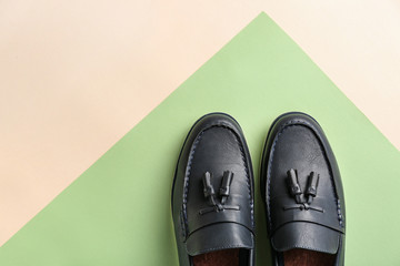 Pair of stylish casual shoes on color background