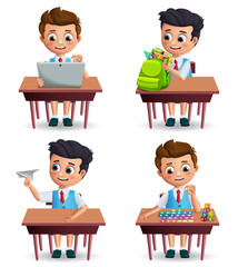 School boy vector character set. Student kids on a desk while doing school activities wearing uniform isolated in white background for back to school. Vector illustration. 