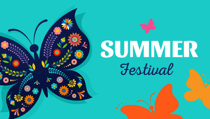 Fototapeta na wymiar Summer festival, fair with patterned butterfly - vector background