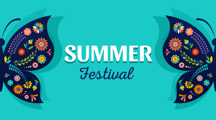 Summer festival, fair with patterned butterfly - vector background