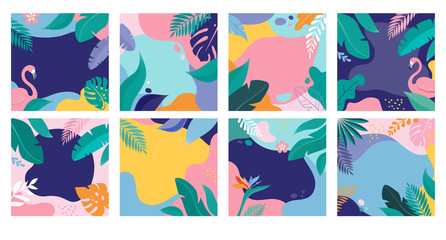 Fototapeta na wymiar Summer Sale posters with tropic leaves and flamingo, banner and background in modern flat style.
