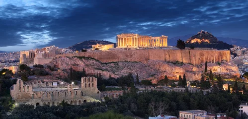 Fotobehang Akropolisheuvel - Parthenon-tempel in Athene bij nacht, Griekenland © TTstudio