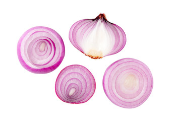 sliced red onions isolated on white background top view