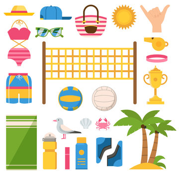 Beach volleyball icons and elements including playing accessories and sea sports equipment. Such as net, balls, whistle, hat, bathing suits, beach-bag, towel, trophy cup, palms and bottle of water.