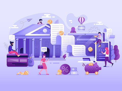 Digital Transaction UI Illustration With Flat People Characters Doing Web Money Transfers And Deposits. Online Bank Payment Wire Transaction And Cashback Concept. Save Money Technology Processing.