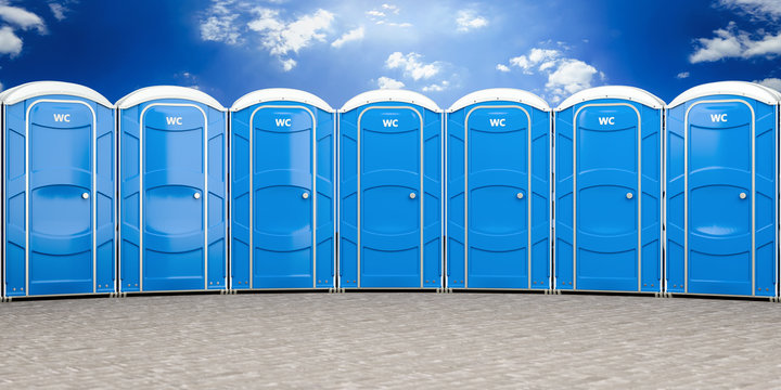 3d illustration of a group of mobile blue bio toilets.