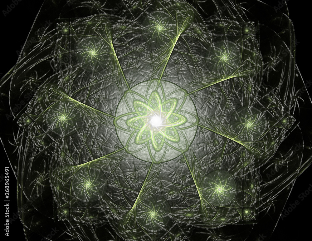 Poster an abstract computer generated modern fractal design on dark background. abstract fractal color text