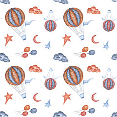 Watercolor seamless pattern of air balloons, stars, clouds, moons in boho colors. Hand painted images for banner, border, texture, textile, cover design, packaging templates in kid and baby products