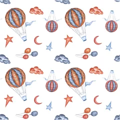 Photo sur Plexiglas Animaux avec ballon Aquarelle transparente motif de ballons à air, étoiles, nuages, lunes aux couleurs bohèmes. Images peintes à la main pour la bannière, la bordure, la texture, le textile, la conception de la couverture, les modèles d& 39 emballage dans les produits pour e