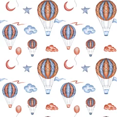 Behang Aquarel naadloze patroon van luchtballonnen, sterren, wolken, manen in boho kleuren. Handgeschilderde afbeeldingen voor banner, rand, textuur, textiel, omslagontwerp, verpakkingssjablonen in kinder- en babyproducten © Larysa