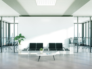 Blank white wall in concrete waiting room with large windows Mockup 3D rendering