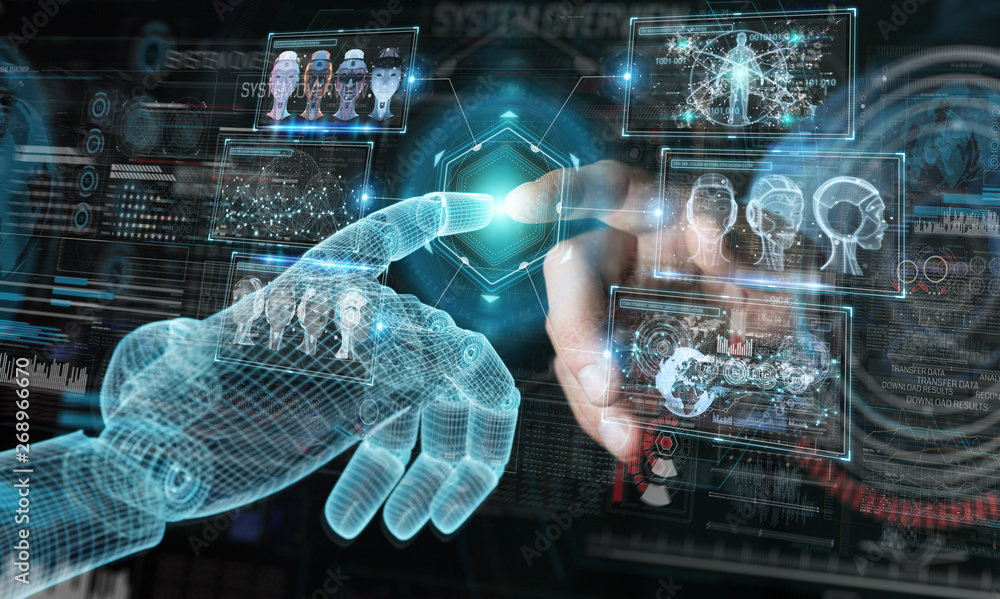 Poster wireframed robot hand and human hand touching digital graph interface on dark 3d rendering