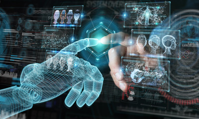 Wireframed robot hand and human hand touching digital graph interface on dark 3D rendering