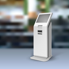 Mockup Payment Information Terminal. ATM, POS, POI Advertising Outdoor, Indoor Stand. 3D Mock Up, Template. Illustration On Realistic Background Shop, Mall. Vector EPS10