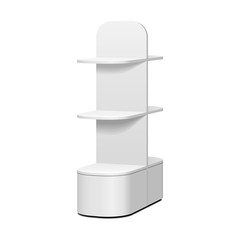 Mockup Cardboard Retail Shelves Floor Display Rack For Supermarket Blank Empty. Mock Up. 3D On White Background Isolated. Ready For Your Design. Product Advertising. Vector EPS10