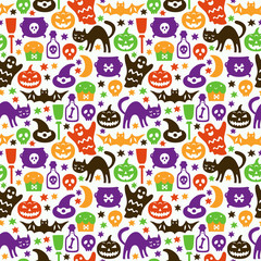 Halloween seamless pattern with cat, pumpkin, bat, ghost, skull . Vector illustration.