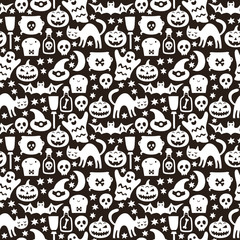 Halloween seamless pattern with cat, pumpkin, bat, ghost, skull . Vector illustration.