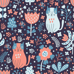 Cat with flowers seamless background