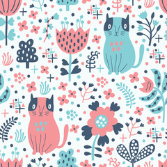 Cat with flowers seamless background