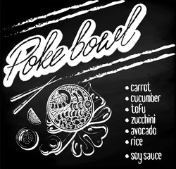 Vector menu of vegetarian poke bowl on chalk board background. Illustrations of a lunch of Hawaiian cuisine with lettering. Tofu, cucumber, avocado, soy sauce, carrots, rice, zucchini.