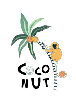 Orange monkey on stripy coconuts palm decorative typographic exotic tropical jungle illustration. Rainforest wildlife inspired drawing with graphic lettering for summer kids t-shirt print design.
