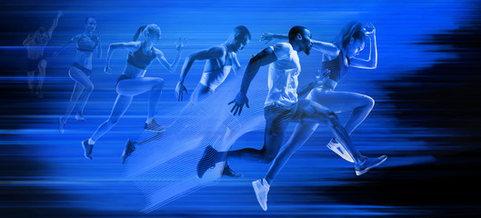 Young african-american and caucasian men and women running isolated on blue studio background. Silhouette of jogging athletes with shadows in neon light. Movement or motion. Creative collage.