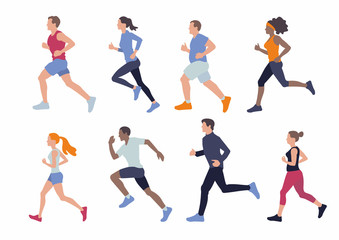 Running different body type people. Women and men run. Sport vector illustration.