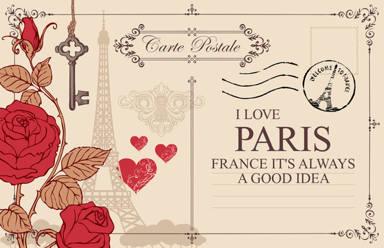 Retro postcard with Eiffel tower in Paris, France. Romantic vector postcard in vintage style with red roses and hearts, old key and keyhole, postmark and words I love Paris