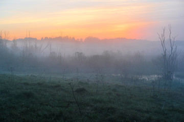 Landscape with the image of fog on lake Seliger in Russia