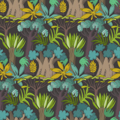 Vector seamless pattern with cartoon African trees and plants