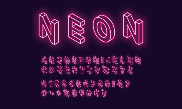 Neon isometric alphabet, Pink color. Neon Font