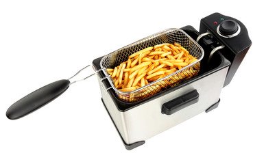 Electric oil fryer appliance frying French fries isolated on a white background