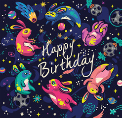 Cute rabbits flying in the space. Happy Birthday postcard in comic style