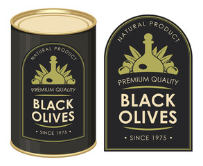 Label for black olives decorated by olives and decanter in retro style on the black background. Vector illustration of label and tin can with this label.
