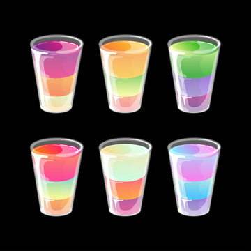 Set of cocktail jelly shots. Bright multicolored gradient jelly in glossy cartoon style. Vector illustration isolated on black background.