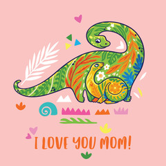I love you mom. Baby and mom brontosaurus together illustration. © penguin_house