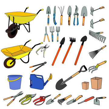 isolated, set, collection, garden tools