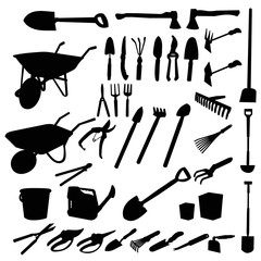 vector, isolated, set, collection of garden tools silhouettes